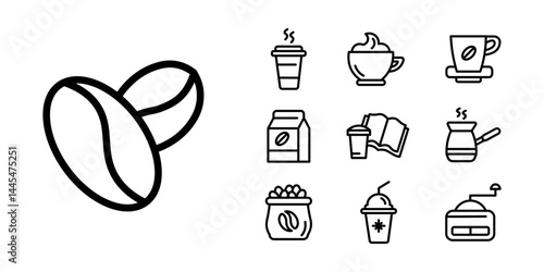 Coffee icon set. Outline collection of beans, cups, cezve, grinder, frappe, and takeaway drinks sign. Cafe culture, caffeine and barista tools symbol. Coffee lifestyle pictogram illustration.