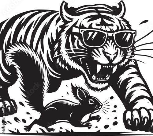 Fearless Tiger and Tiny Squirrel - Bold Graphic Design. A powerful black and white graphic of a tiger wearing sunglasses, roaring and appearing to chase a tiny squirrel.