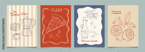 Italian food posters design. Trendy hand drawn art.  Mediterranean eat. Retro vector illustration of pizza, coffee, tiramisu, olive, tomato, lemon etc. Graphic  for  interior, restaurant, cafe.