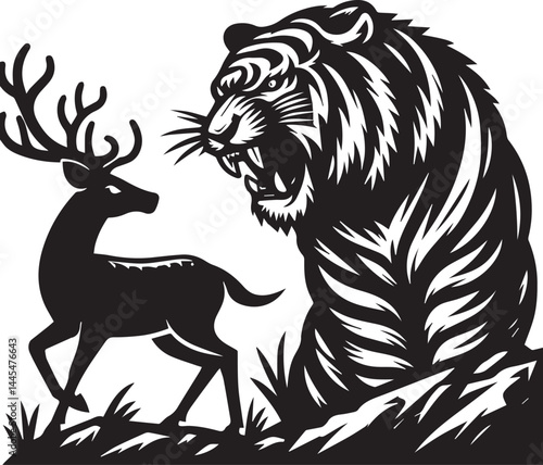 Confrontation between a majestic tiger and a deer in a powerful, black and white graphic design. This bold graphic depicts a powerful tiger facing off against a deer in a dramatic, black and white sty