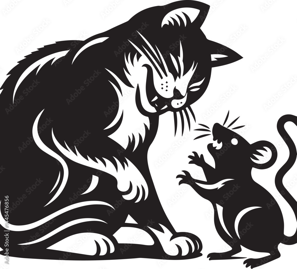 A fierce black cat about to pounce on a mouse. A bold, black and white illustration of a cartoon cat poised to attack a small mouse. A fierce black cat about to pounce on a mouse. A bold, black and white illustration of a cartoon cat poised to attack a small mouse.
