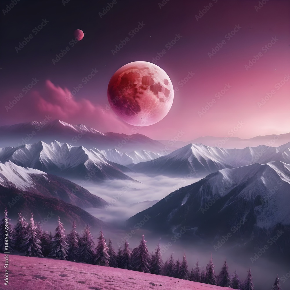 Pink Moon Over Snowy Mountains Pink Moon Over Snowy Mountains