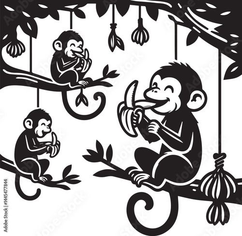 Cute Monkey Eating Banana in a Jungle Setting. A charming black and white graphic illustration of a monkey hanging from a branch, happily eating a banana.
