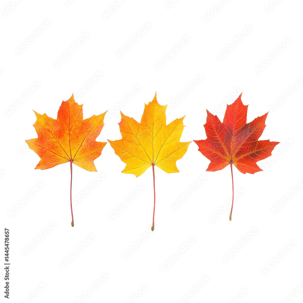 Three maple leaves in autumn colors on transparent background Three maple leaves in autumn colors on transparent background