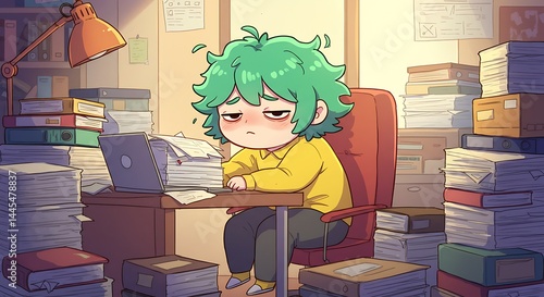 Overwhelmed Cartoon Character Amidst a Pile of Documents and Books