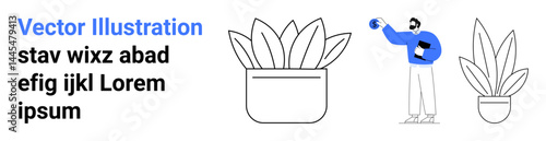 Person holding watering can near potted plant, emphasizing indoor gardening, plant care, sustainability, mindfulness, eco-friendly living, minimal lifestyle, flat landing page banner