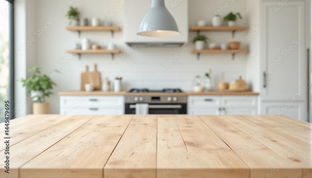 Light brown wood table in focus with softly blurred Scandinavian kitchen. White cabinets, wood accents, and gentle daylight create a fresh, clean ambiance. Light brown wood table in focus with softly blurred Scandinavian kitchen. White cabinets, wood accents, and gentle daylight create a fresh, clean ambiance.