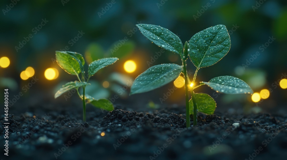 Young plants emerging from soil, lit by soft light Young plants emerging from soil, lit by soft light