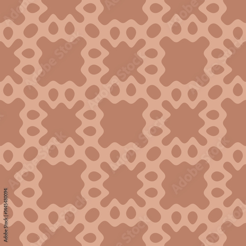 Simple abstract seamless ornament. Cute geometric pattern with dots, spots, seeds, curved shapes, grid. Vintage background texture in terracotta clay color. Repeated design for decor, textile, package