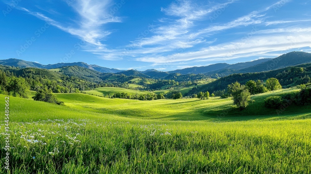 Vibrant green valley landscape under a clear blue sky. Vibrant green valley landscape under a clear blue sky.