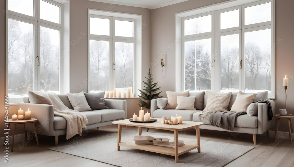 Fototapeta premium Cozy Winter Living Room with Snow Covered Landscape