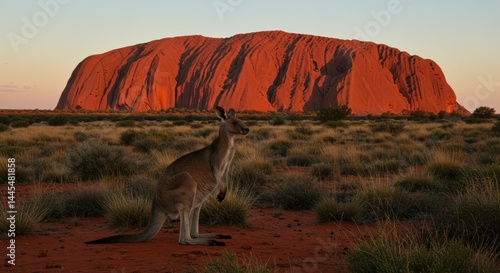 Kangaroo and Uluru at sunset, photo