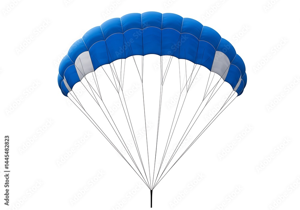 Obraz premium A parachute with blue and white panels and many thin white lines hanging down on a white background