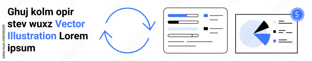 Circular arrows, analytical documents, and pie charts with a dollar sign emphasize data processing, reporting, and budgeting. Ideal for analytics, finance, marketing, reporting planning business Circular arrows, analytical documents, and pie charts with a dollar sign emphasize data processing, reporting, and budgeting. Ideal for analytics, finance, marketing, reporting planning business