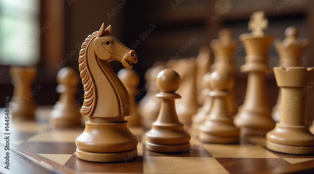 Close-Up of a Chessboard with Wooden Pieces