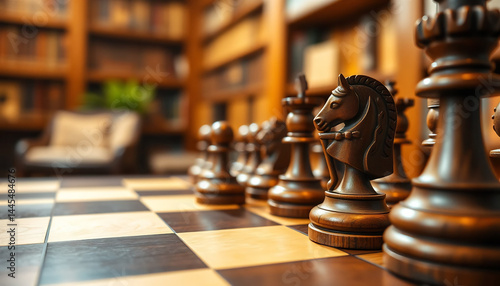 Obraz na płótnie Close-Up of a Chessboard with Wooden Pieces w salonie
