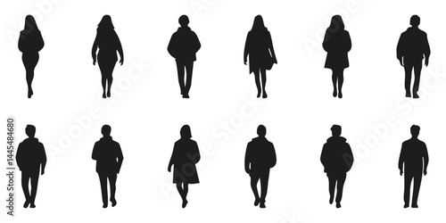 Silhouettes Of People Walking Silhouette Set. Human Figures In Motion, Diverse Body Types Isolated Vector Illustration Collection