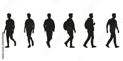 Silhouettes Of Walking Men With Backpacks Set. Casual Movement And Travel Concept Isolated Vector Illustration Collection