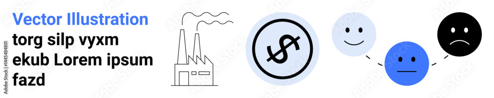 Factory releasing emissions, dollar sign symbol, and emotive faces showing progression from happy to sad. Ideal for environmental awareness, industry, economy, human impact, pollution Factory releasing emissions, dollar sign symbol, and emotive faces showing progression from happy to sad. Ideal for environmental awareness, industry, economy, human impact, pollution