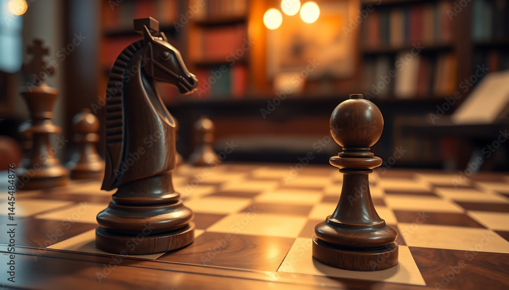 Close-Up of a Chessboard with Wooden Pieces