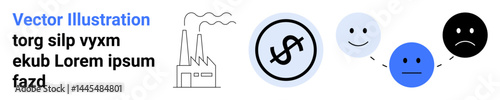 Factory releasing emissions, dollar sign symbol, and emotive faces showing progression from happy to sad. Ideal for environmental awareness, industry, economy, human impact, pollution