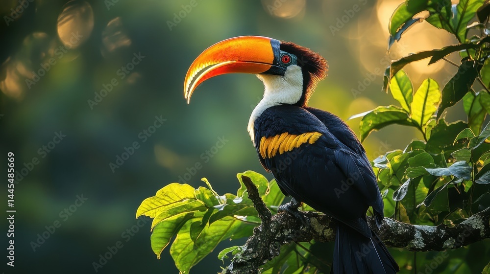 Fototapeta premium Colorful toucan perched on a branch in lush tropical forest