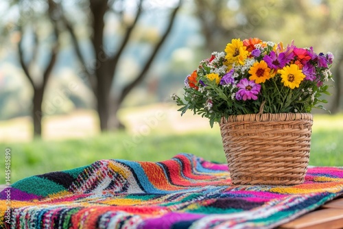 Wallpaper Mural Colorful flower basket on vibrant picnic blanket outdoors Torontodigital.ca