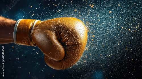 Powerful boxing glove impact.  Golden dust erupts from a forceful punch