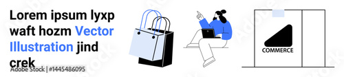 Shopping bags, seated user working on a laptop, and modern store sign. Ideal for e-commerce, online shopping, marketing, technology, retail, business strategy flat landing page banner