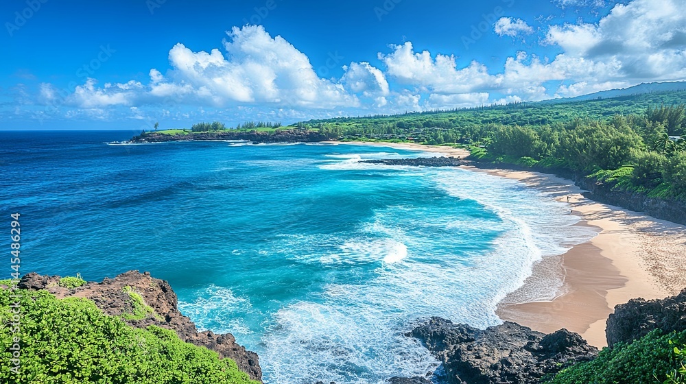 Fototapeta premium A tropical beach scene with vibrant ocean waves.
