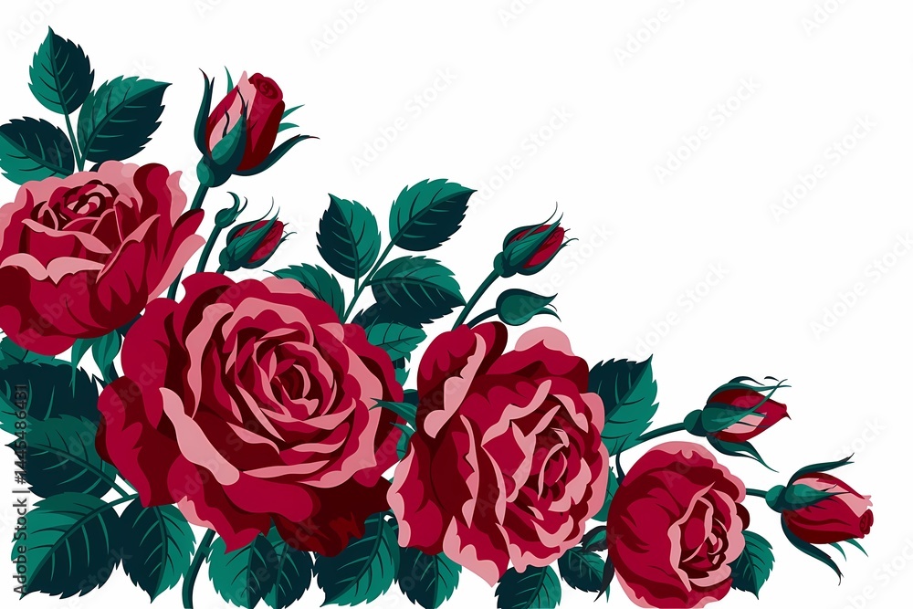 Naklejka premium Crimson Roses in Full Bloom: Elegant arrangement of deep crimson roses, each petal exquisitely detailed, forming a delicate floral display. Their lush leaves provide a striking contrast.