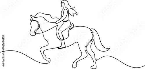 Continuous single line drawing of a female rider on a galloping horse in minimalist linear art style

