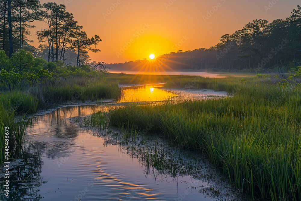 Obraz premium Experience the breathtaking beauty of a vibrant marshland at sunrise, where the gentle glow of the sun illuminates the peaceful wetlands and winding waterways, creating a harmonious and serene natural