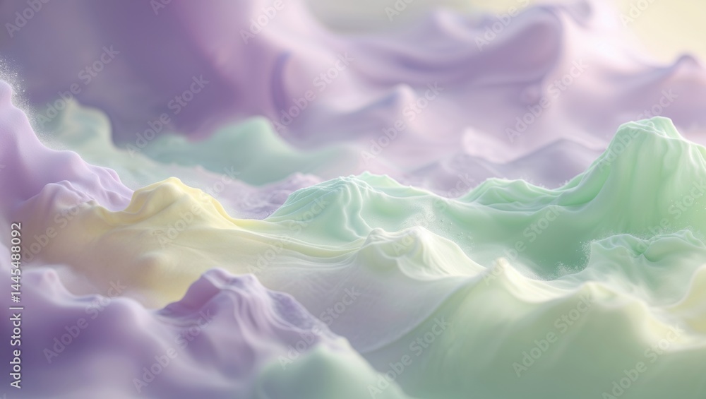 Obraz premium Dreamy pastel landscape of swirling cream, resembling soft mountains in a serene palette of lavender, mint, and vanilla.