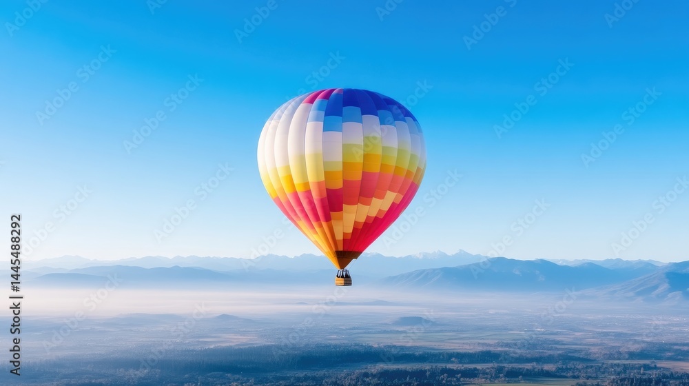 Fototapeta premium Colorful hot air balloon soaring above misty mountains
