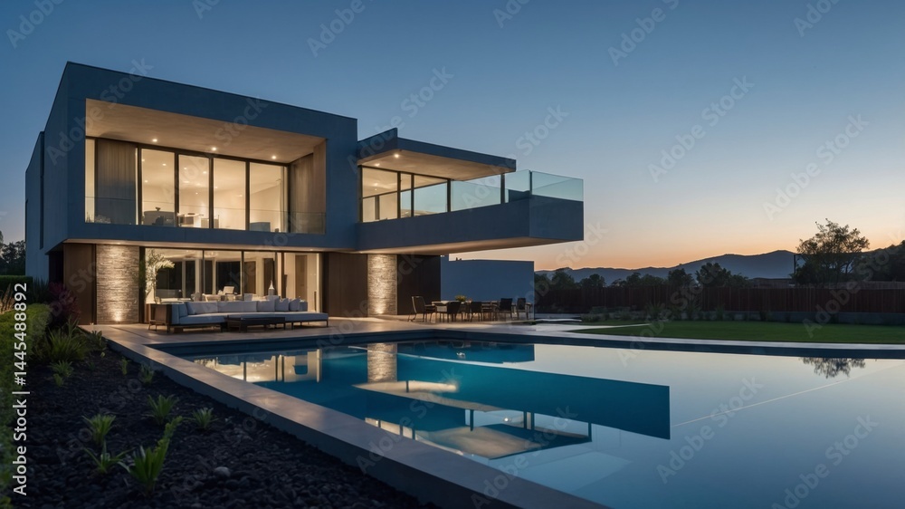 Obraz premium Luxurious modern house showcasing minimalist architectural design with sleek exterior and sophisticated features in an upscale suburban environment