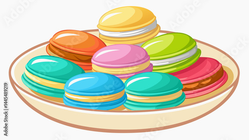 A collection of colorful macarons neatly arranged in a white dish.
Pastel tones in pink, green, yellow, and blue shine softly.
Their smooth shells and creamy centers invite a closer look.
Cleanly isol