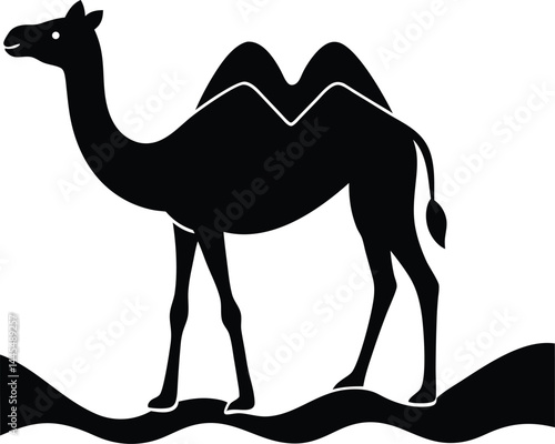 silhouette of a camel in desert on white background