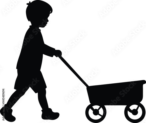 silhouette of a child pulling wagon on white background