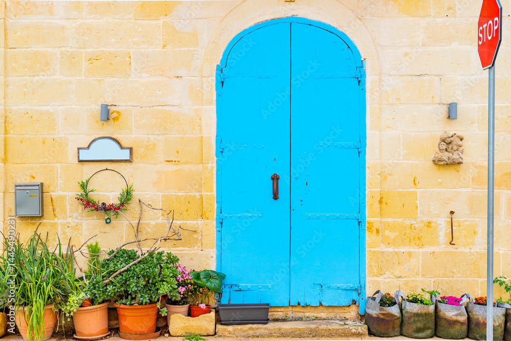 Residential building facade made of stone brick with metal door painted blue, potted plants near it and a stop traffic road sign