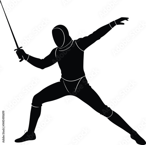 silhouette of a fencer in attack stance on white background