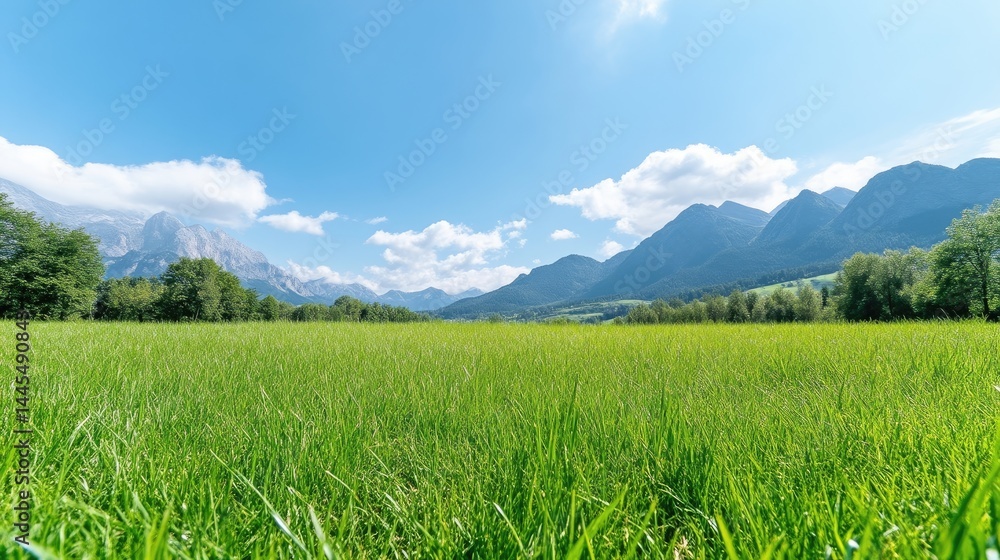 Fototapeta premium Lush green meadow stretches towards majestic mountains under a vibrant blue sky