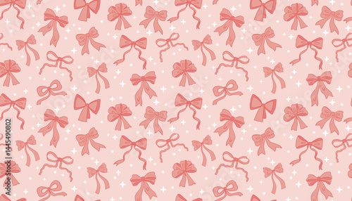 Pink coquette style ribbon bows, dots and stars seamless pattern. Retro cartoon festive girlish wrapping paper, textile and cover.