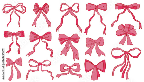 Pink hand drawn coquette ribbon bows set. Retro cartoon festive girlish bows collection. Design elements.