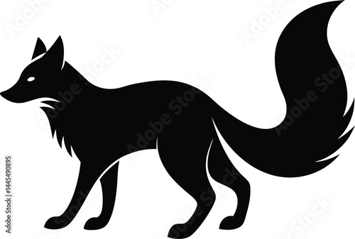 silhouette of a fox with bushy tail walking on white background