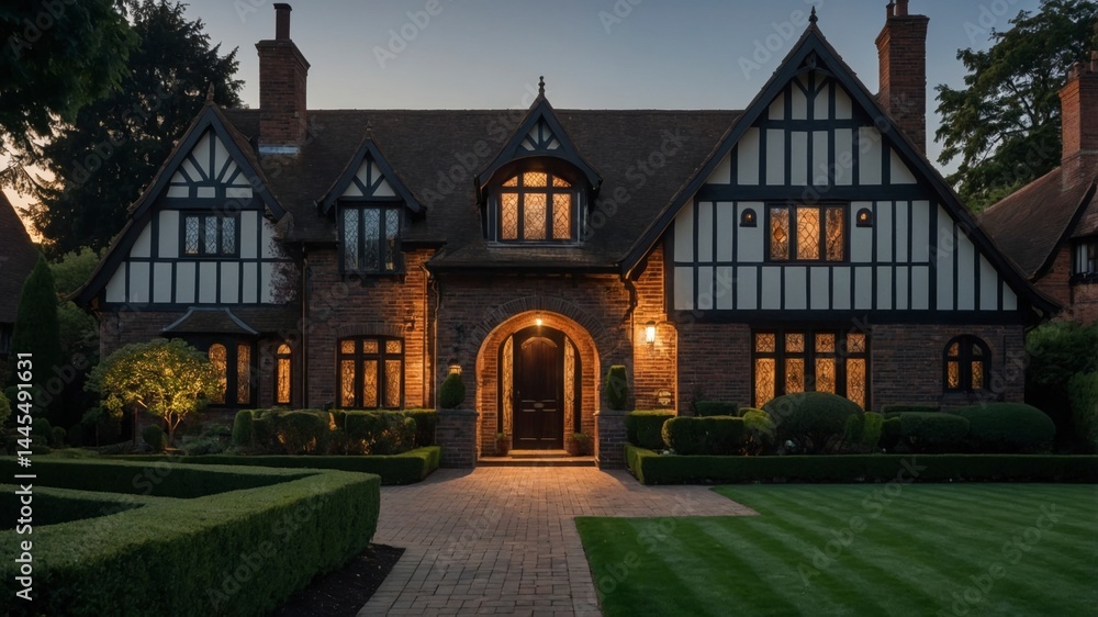 Naklejka premium Charming tudor-style house exterior showcasing timeless design and character in a picturesque neighborhood setting perfect for family living