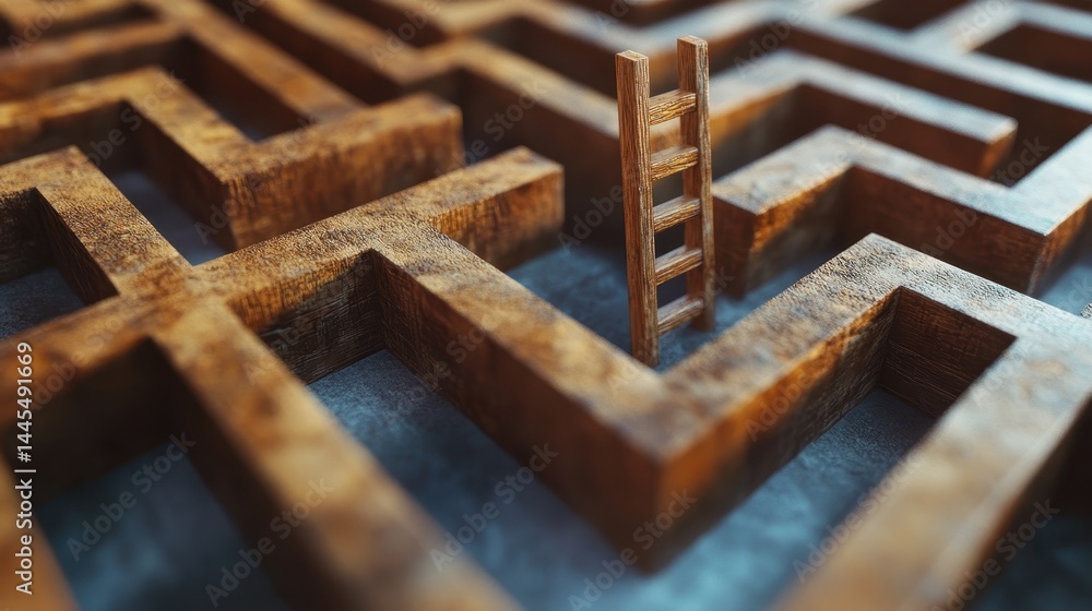 Wooden ladder in intricate maze symbolizing problem-solving and success strategy Wooden ladder in intricate maze symbolizing problem-solving and success strategy
