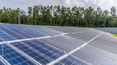Solar panels on a roof, generating clean energy.  Forest in the background