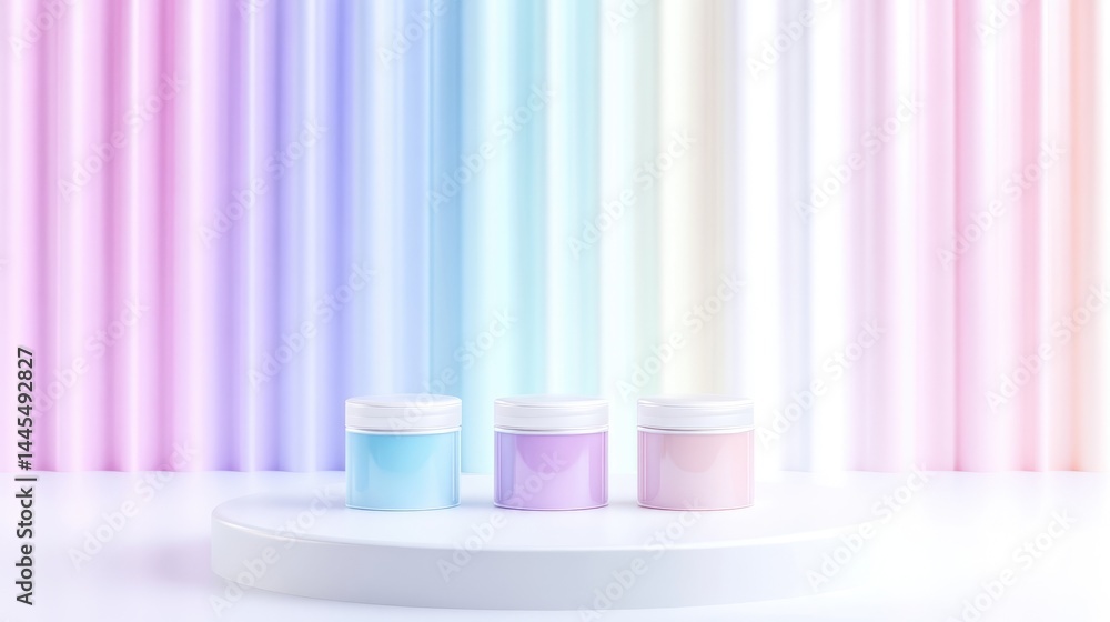 Three pastel-colored cosmetic jars on a white pedestal, against a backdrop of vibrant, vertical pastel-colored lines Three pastel-colored cosmetic jars on a white pedestal, against a backdrop of vibrant, vertical pastel-colored lines