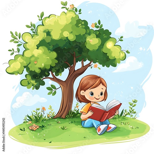 Girl reading a book under a tree, vector cartoon